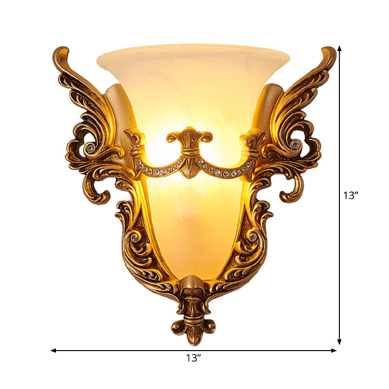 Opal Glass Gold Wall Sconce Elongated Bell 1-Bulb Cottage Wall Mounted Lighting for Living Room Clearhalo 'Wall Lamps & Sconces' 'Wall Lights' Lighting' 1907456