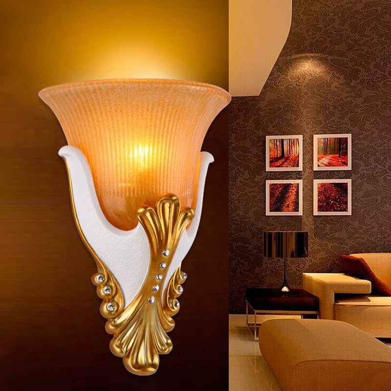 1 Light Wall Sconce Lighting Rural Bell Shape Yellow/White Fluted Glass Wall Mounted Lamp for Bedroom, 9.5"/13" Width Clearhalo 'Wall Lamps & Sconces' 'Wall Lights' Lighting' 1907458