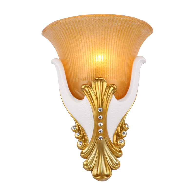 1 Light Wall Sconce Lighting Rural Bell Shape Yellow/White Fluted Glass Wall Mounted Lamp for Bedroom, 9.5"/13" Width Clearhalo 'Wall Lamps & Sconces' 'Wall Lights' Lighting' 1907460