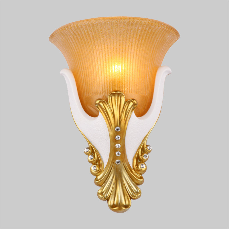 1 Light Wall Sconce Lighting Rural Bell Shape Yellow/White Fluted Glass Wall Mounted Lamp for Bedroom, 9.5"/13" Width Clearhalo 'Wall Lamps & Sconces' 'Wall Lights' Lighting' 1907461