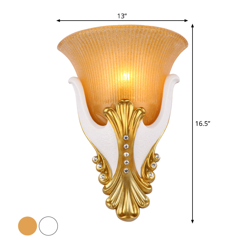 1 Light Wall Sconce Lighting Rural Bell Shape Yellow/White Fluted Glass Wall Mounted Lamp for Bedroom, 9.5"/13" Width Clearhalo 'Wall Lamps & Sconces' 'Wall Lights' Lighting' 1907464