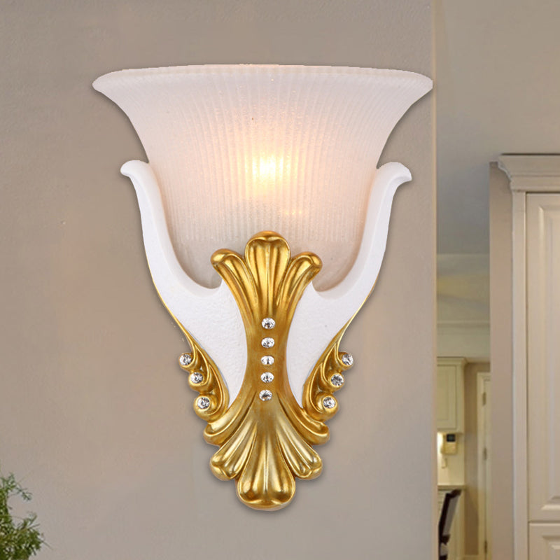 1 Light Wall Sconce Lighting Rural Bell Shape Yellow/White Fluted Glass Wall Mounted Lamp for Bedroom, 9.5"/13" Width Clearhalo 'Wall Lamps & Sconces' 'Wall Lights' Lighting' 1907465