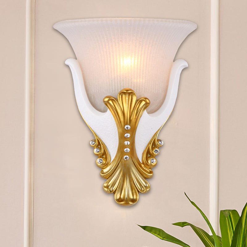 1 Light Wall Sconce Lighting Rural Bell Shape Yellow/White Fluted Glass Wall Mounted Lamp for Bedroom, 9.5"/13" Width Clearhalo 'Wall Lamps & Sconces' 'Wall Lights' Lighting' 1907466