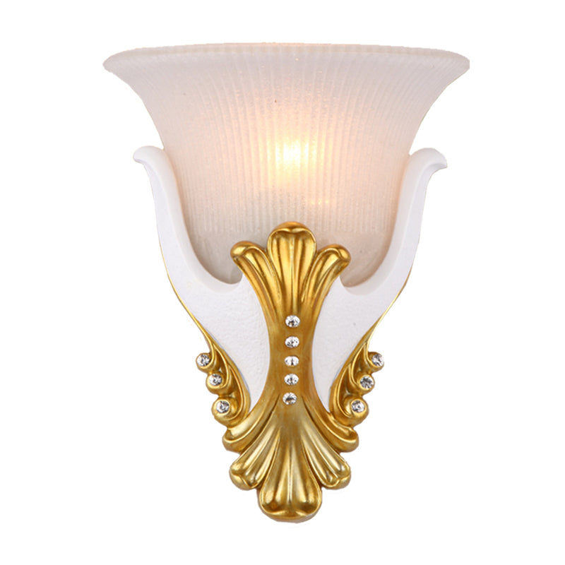 1 Light Wall Sconce Lighting Rural Bell Shape Yellow/White Fluted Glass Wall Mounted Lamp for Bedroom, 9.5"/13" Width Clearhalo 'Wall Lamps & Sconces' 'Wall Lights' Lighting' 1907467