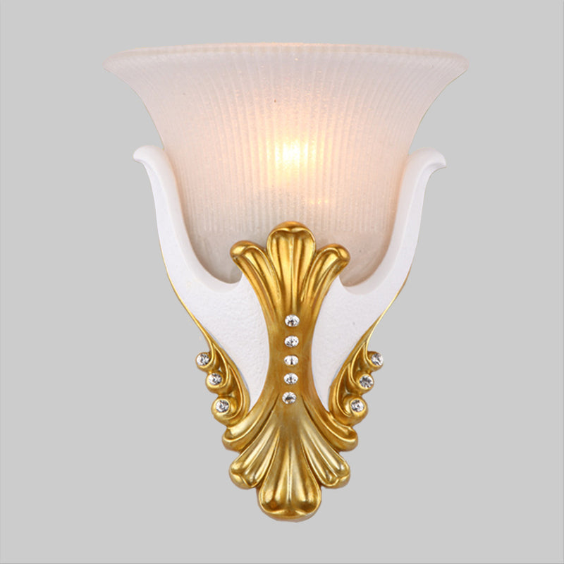 1 Light Wall Sconce Lighting Rural Bell Shape Yellow/White Fluted Glass Wall Mounted Lamp for Bedroom, 9.5"/13" Width Clearhalo 'Wall Lamps & Sconces' 'Wall Lights' Lighting' 1907468