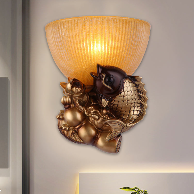 Bowl Bedside Wall Lamp Rustic Style Amber Glass 1 Head Gold Wall Lighting Idea with Fish and Lotus Decor Clearhalo 'Wall Lamps & Sconces' 'Wall Lights' Lighting' 1907470