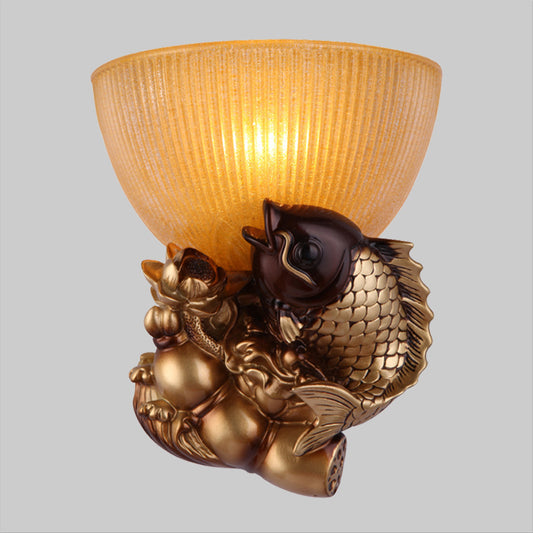 Bowl Bedside Wall Lamp Rustic Style Amber Glass 1 Head Gold Wall Lighting Idea with Fish and Lotus Decor Clearhalo 'Wall Lamps & Sconces' 'Wall Lights' Lighting' 1907473