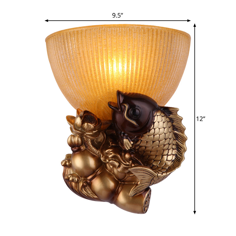 Bowl Bedside Wall Lamp Rustic Style Amber Glass 1 Head Gold Wall Lighting Idea with Fish and Lotus Decor Clearhalo 'Wall Lamps & Sconces' 'Wall Lights' Lighting' 1907474