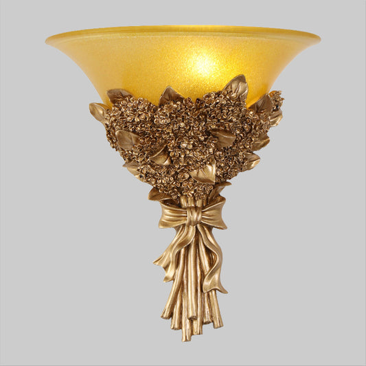 Vintage Wide Bell Wall Mounted Lamp 1 Light Amber/Milky Glass Bouquet Wall Lighting Fixture in Gold/Multi-Color Clearhalo 'Wall Lamps & Sconces' 'Wall Lights' Lighting' 1907486