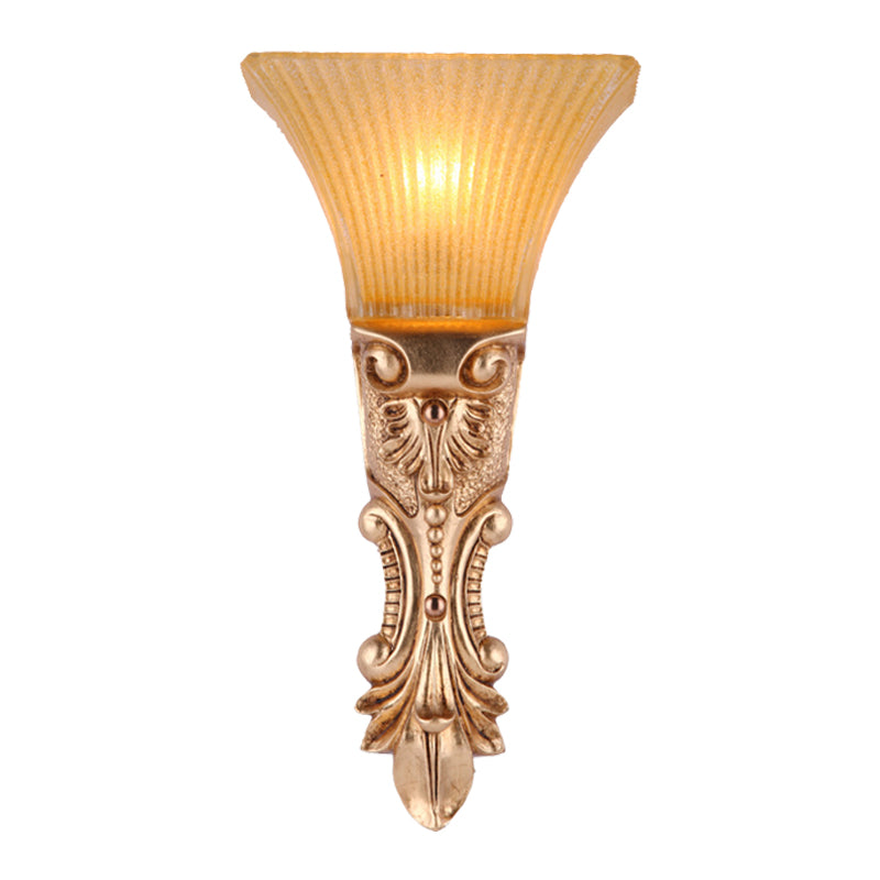 Single Head Wall Lighting Antiqued Trapezoid Amber Ribbed Glass Wall Sconce Light in Gold Clearhalo 'Wall Lamps & Sconces' 'Wall Lights' Lighting' 1907495