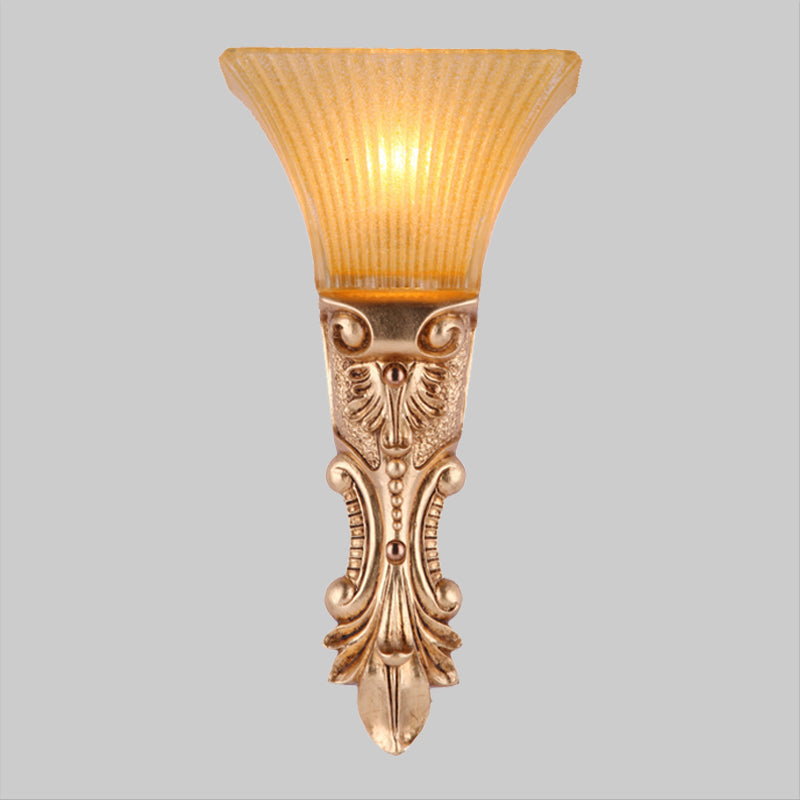 Single Head Wall Lighting Antiqued Trapezoid Amber Ribbed Glass Wall Sconce Light in Gold Clearhalo 'Wall Lamps & Sconces' 'Wall Lights' Lighting' 1907496