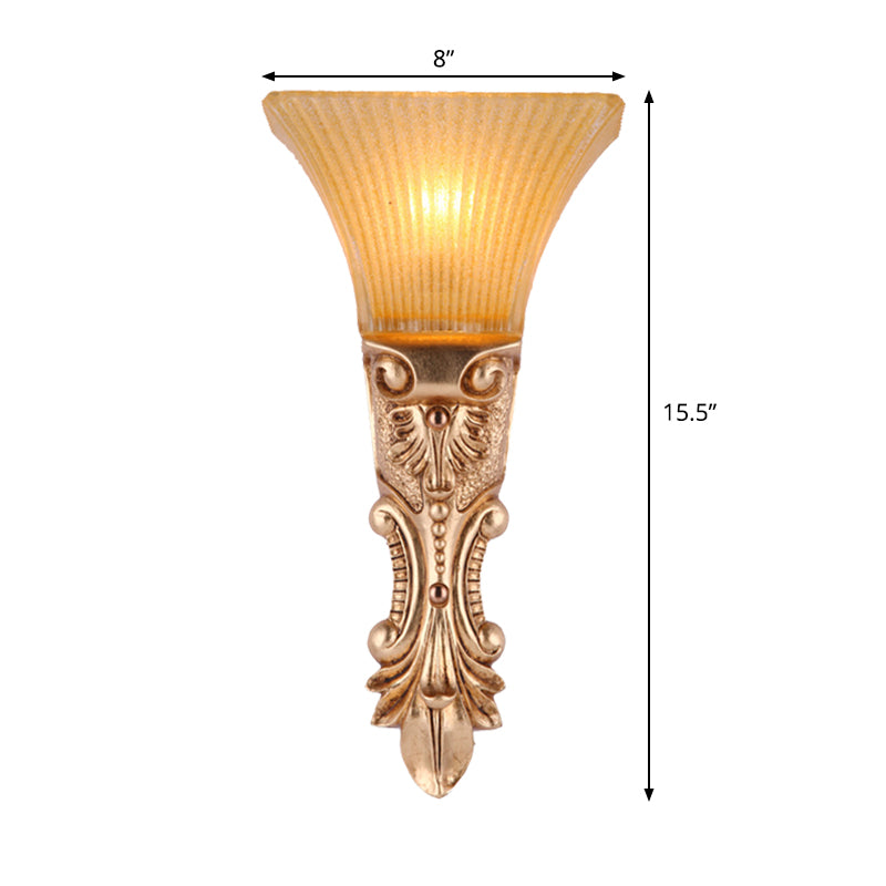 Single Head Wall Lighting Antiqued Trapezoid Amber Ribbed Glass Wall Sconce Light in Gold Clearhalo 'Wall Lamps & Sconces' 'Wall Lights' Lighting' 1907497