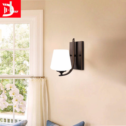 White Glass Black Sconce Lamp Cup-Like Single Bulb Retro Style Wall Mounted Lighting with Rectangle Metal Backplate Clearhalo 'Wall Lamps & Sconces' 'Wall Lights' Lighting' 1907498