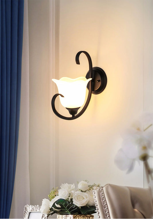 Floral Drawing Room Wall Sconce Country Milky Glass Single Light Black Wall Lighting Idea with Scroll Arm Clearhalo 'Wall Lamps & Sconces' 'Wall Lights' Lighting' 1907504