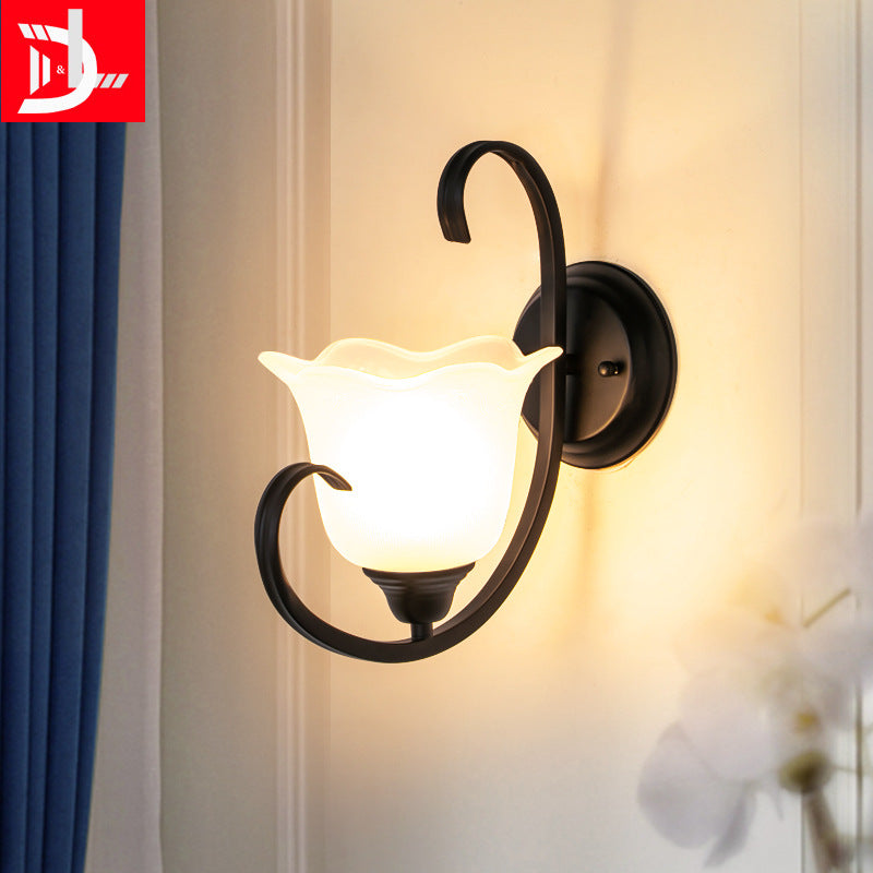 Floral Drawing Room Wall Sconce Country Milky Glass Single Light Black Wall Lighting Idea with Scroll Arm Black Clearhalo 'Wall Lamps & Sconces' 'Wall Lights' Lighting' 1907506