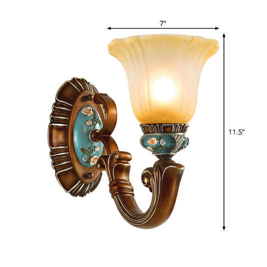 Brown 1-Head Wall Mounted Light Farmhouse Opaline Glass Blossom Etching Pattern Wall Sconce Lighting Clearhalo 'Wall Lamps & Sconces' 'Wall Lights' Lighting' 1907515