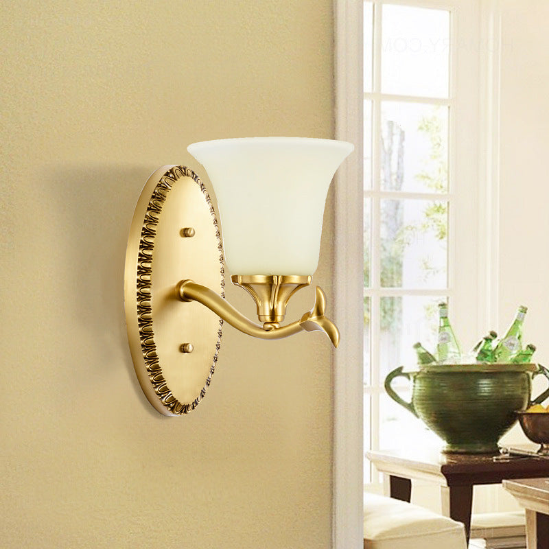 Countryside Bell Wall Lighting 1/2-Light Cream Glass Wall Mounted Lamp with Oval Backplate in Brass Clearhalo 'Wall Lamps & Sconces' 'Wall Lights' Lighting' 1907522