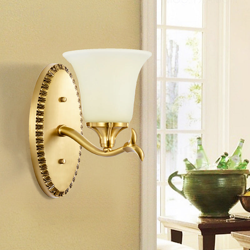 Countryside Bell Wall Lighting 1/2-Light Cream Glass Wall Mounted Lamp with Oval Backplate in Brass Clearhalo 'Wall Lamps & Sconces' 'Wall Lights' Lighting' 1907523