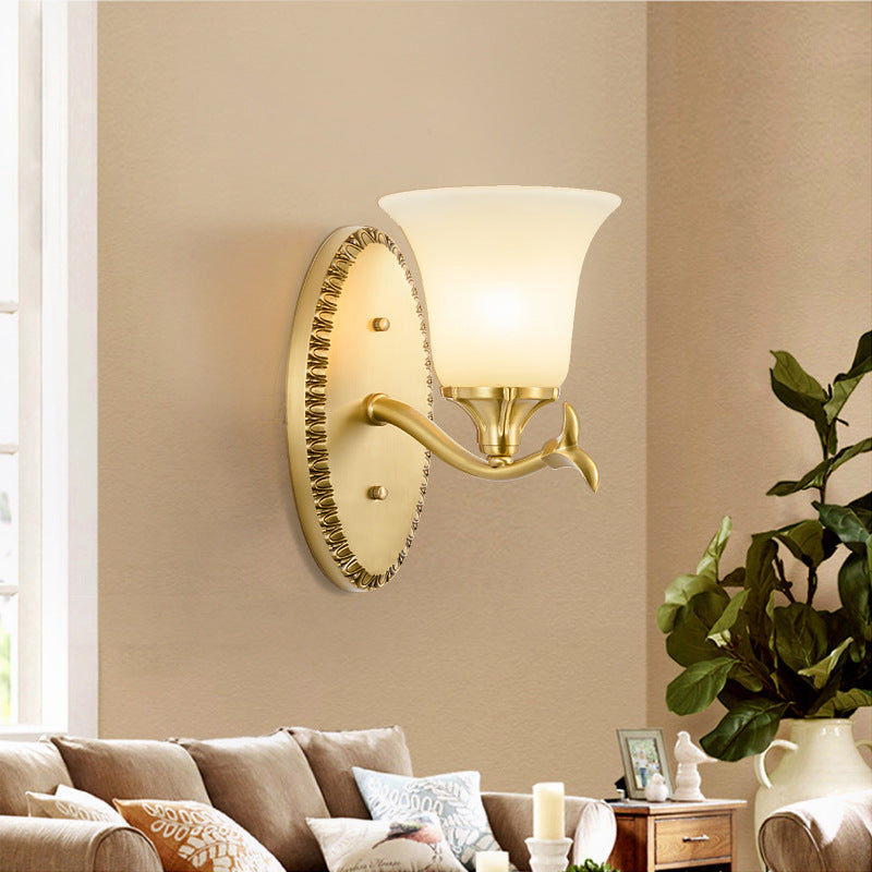 Countryside Bell Wall Lighting 1/2-Light Cream Glass Wall Mounted Lamp with Oval Backplate in Brass 1.0 Brass Clearhalo 'Wall Lamps & Sconces' 'Wall Lights' Lighting' 1907524