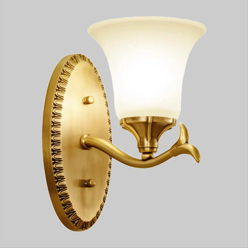 Countryside Bell Wall Lighting 1/2-Light Cream Glass Wall Mounted Lamp with Oval Backplate in Brass Clearhalo 'Wall Lamps & Sconces' 'Wall Lights' Lighting' 1907526