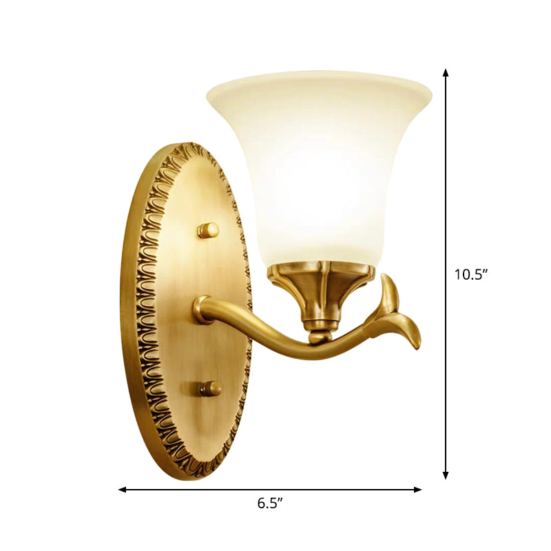 Countryside Bell Wall Lighting 1/2-Light Cream Glass Wall Mounted Lamp with Oval Backplate in Brass Clearhalo 'Wall Lamps & Sconces' 'Wall Lights' Lighting' 1907527