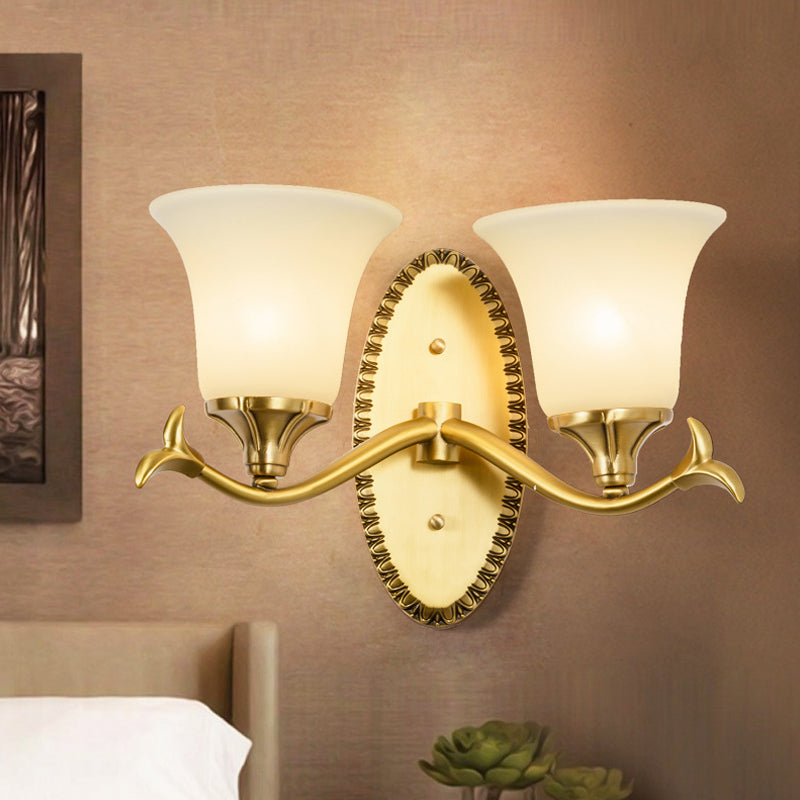 Countryside Bell Wall Lighting 1/2-Light Cream Glass Wall Mounted Lamp with Oval Backplate in Brass Clearhalo 'Wall Lamps & Sconces' 'Wall Lights' Lighting' 1907528