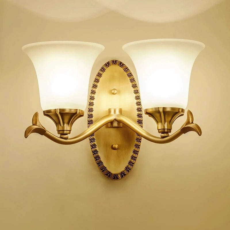 Countryside Bell Wall Lighting 1/2-Light Cream Glass Wall Mounted Lamp with Oval Backplate in Brass 2.0 Brass Clearhalo 'Wall Lamps & Sconces' 'Wall Lights' Lighting' 1907530