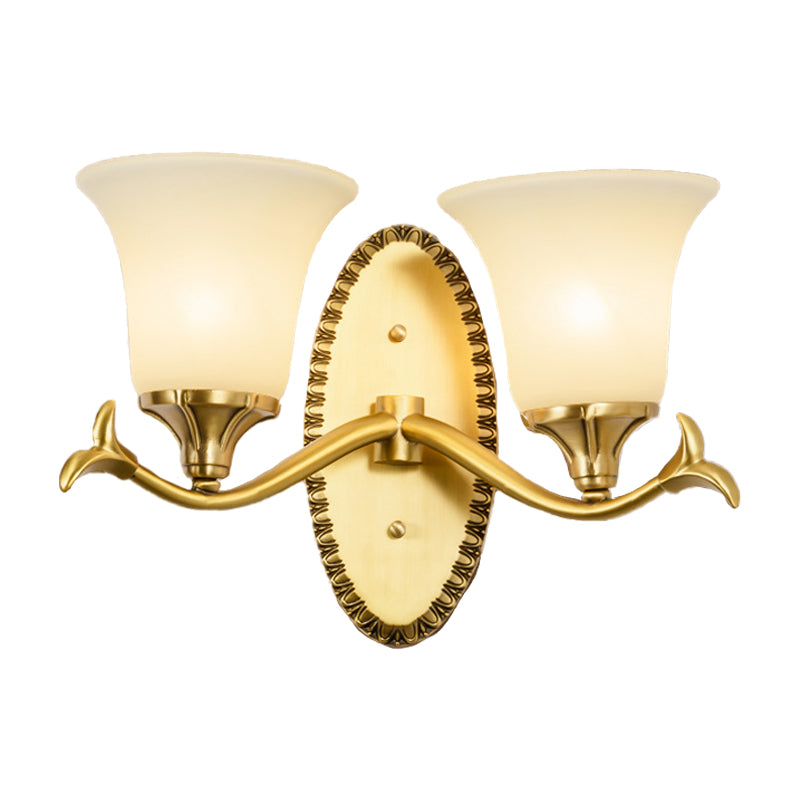 Countryside Bell Wall Lighting 1/2-Light Cream Glass Wall Mounted Lamp with Oval Backplate in Brass Clearhalo 'Wall Lamps & Sconces' 'Wall Lights' Lighting' 1907531