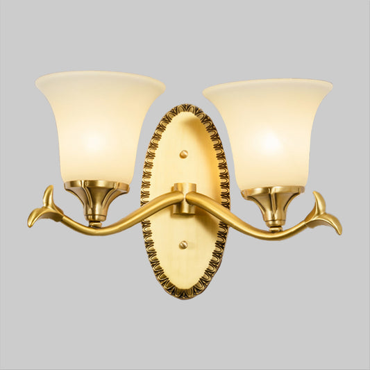 Countryside Bell Wall Lighting 1/2-Light Cream Glass Wall Mounted Lamp with Oval Backplate in Brass Clearhalo 'Wall Lamps & Sconces' 'Wall Lights' Lighting' 1907532