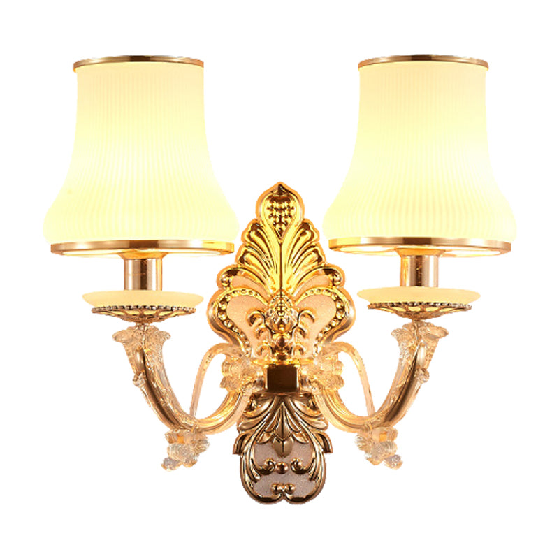 2 Heads Tapered Sconce Light Rural Gold Milky Glass Wall Mounted Lighting with Crystal Ball Droplet Clearhalo 'Wall Lamps & Sconces' 'Wall Lights' Lighting' 1907537