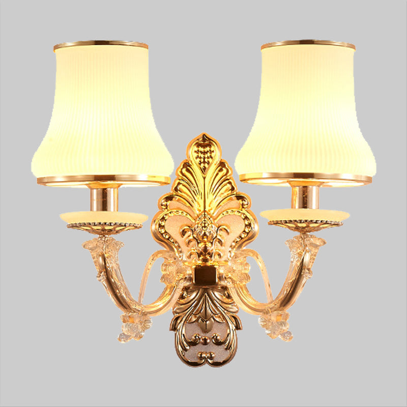 2 Heads Tapered Sconce Light Rural Gold Milky Glass Wall Mounted Lighting with Crystal Ball Droplet Clearhalo 'Wall Lamps & Sconces' 'Wall Lights' Lighting' 1907538