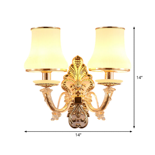2 Heads Tapered Sconce Light Rural Gold Milky Glass Wall Mounted Lighting with Crystal Ball Droplet Clearhalo 'Wall Lamps & Sconces' 'Wall Lights' Lighting' 1907539