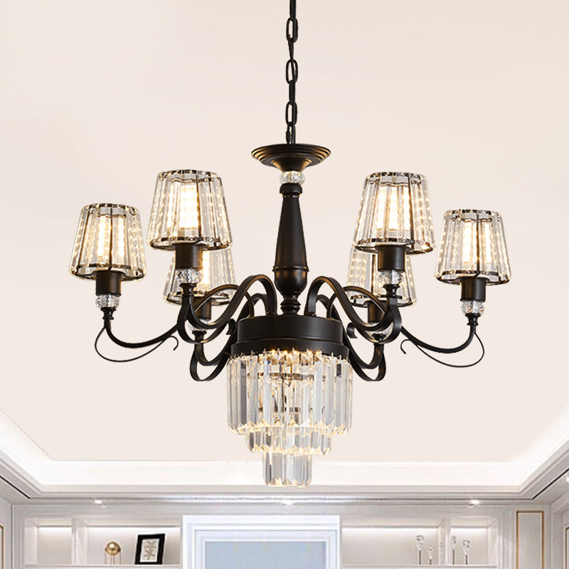 3-Tier Drawing Room Hanging Chandelier Crystal Rectangle 6 Bulbs Simple Ceiling Light with Conic Shade in Black Black Clearhalo 'Ceiling Lights' 'Chandeliers' 'Modern Chandeliers' 'Modern' Lighting' 1907569