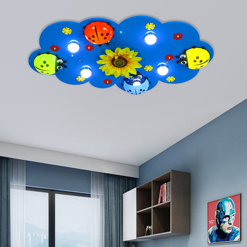 Kids Cloud Flush Mount Light with Ladybug and Sunflower Wood Ceiling Light in Blue for Kindergarten Blue Clearhalo 'Ceiling Lights' 'Close To Ceiling Lights' 'Close to ceiling' 'Flush mount' Lighting' 190757