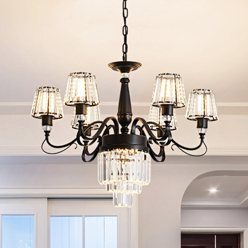 3-Tier Drawing Room Hanging Chandelier Crystal Rectangle 6 Bulbs Simple Ceiling Light with Conic Shade in Black Clearhalo 'Ceiling Lights' 'Chandeliers' 'Modern Chandeliers' 'Modern' Lighting' 1907571