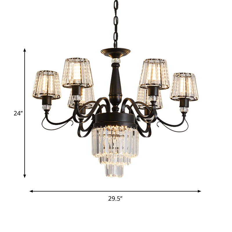 3-Tier Drawing Room Hanging Chandelier Crystal Rectangle 6 Bulbs Simple Ceiling Light with Conic Shade in Black Clearhalo 'Ceiling Lights' 'Chandeliers' 'Modern Chandeliers' 'Modern' Lighting' 1907573