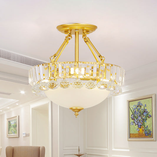 Gold Dome Semi Flush Chandelier Modern 3 Heads Frosted Glass Ceiling Lighting with Crystal Ball Deco Gold Clearhalo 'Ceiling Lights' 'Close To Ceiling Lights' 'Close to ceiling' 'Semi-flushmount' Lighting' 1907574