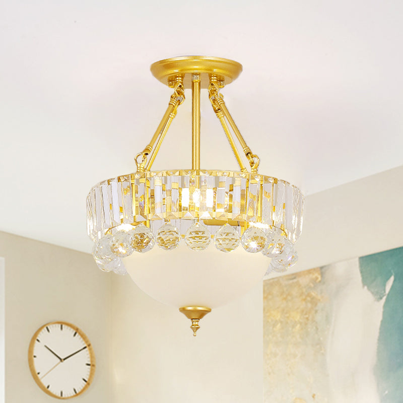 Gold Dome Semi Flush Chandelier Modern 3 Heads Frosted Glass Ceiling Lighting with Crystal Ball Deco Clearhalo 'Ceiling Lights' 'Close To Ceiling Lights' 'Close to ceiling' 'Semi-flushmount' Lighting' 1907575