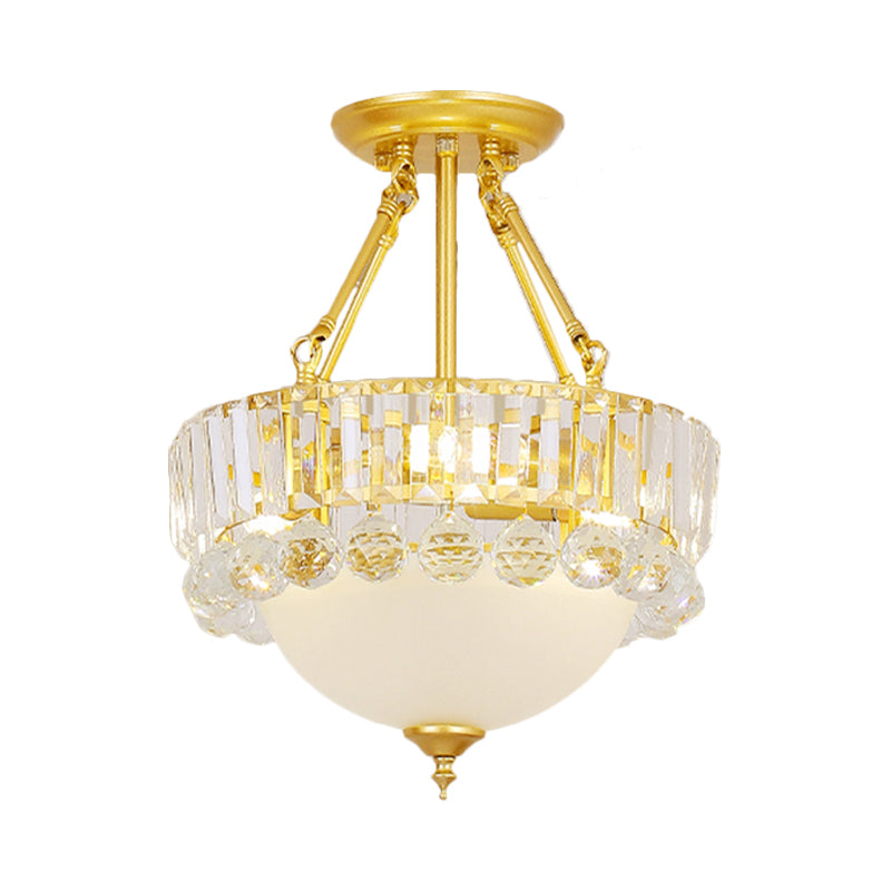 Gold Dome Semi Flush Chandelier Modern 3 Heads Frosted Glass Ceiling Lighting with Crystal Ball Deco Clearhalo 'Ceiling Lights' 'Close To Ceiling Lights' 'Close to ceiling' 'Semi-flushmount' Lighting' 1907576