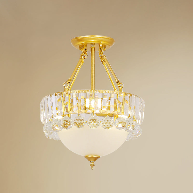 Gold Dome Semi Flush Chandelier Modern 3 Heads Frosted Glass Ceiling Lighting with Crystal Ball Deco Clearhalo 'Ceiling Lights' 'Close To Ceiling Lights' 'Close to ceiling' 'Semi-flushmount' Lighting' 1907577