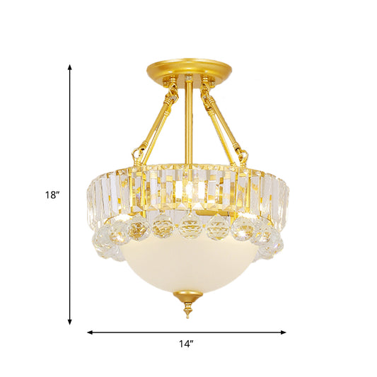 Gold Dome Semi Flush Chandelier Modern 3 Heads Frosted Glass Ceiling Lighting with Crystal Ball Deco Clearhalo 'Ceiling Lights' 'Close To Ceiling Lights' 'Close to ceiling' 'Semi-flushmount' Lighting' 1907578