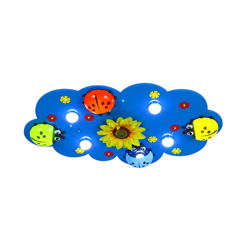 Kids Cloud Flush Mount Light with Ladybug and Sunflower Wood Ceiling Light in Blue for Kindergarten Clearhalo 'Ceiling Lights' 'Close To Ceiling Lights' 'Close to ceiling' 'Flush mount' Lighting' 190759