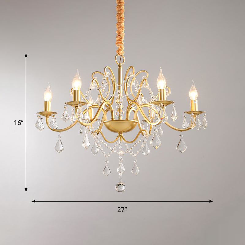 Metal Candle Ceiling Chandelier Modernist 6 Bulbs Brass Suspension Lamp with Crystal Strands Clearhalo 'Ceiling Lights' 'Chandeliers' 'Modern Chandeliers' 'Modern' Lighting' 1907591