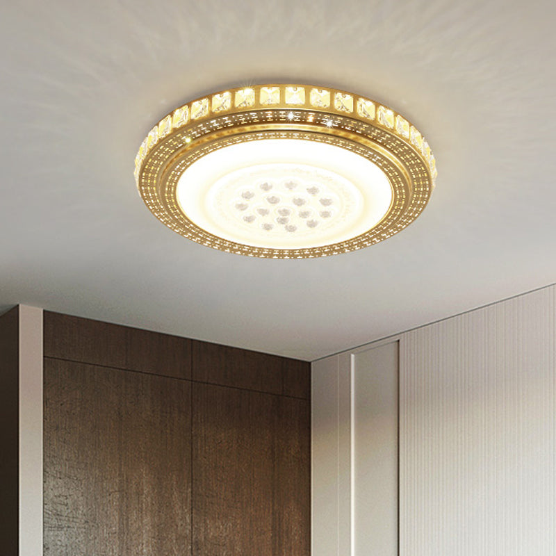 16"/19.5" W LED Parlor Ceiling Lighting Simplicity Gold Flush Mount Light with Round Faceted Crystal Shade Clearhalo 'Ceiling Lights' 'Close To Ceiling Lights' 'Close to ceiling' 'Flush mount' Lighting' 1907608