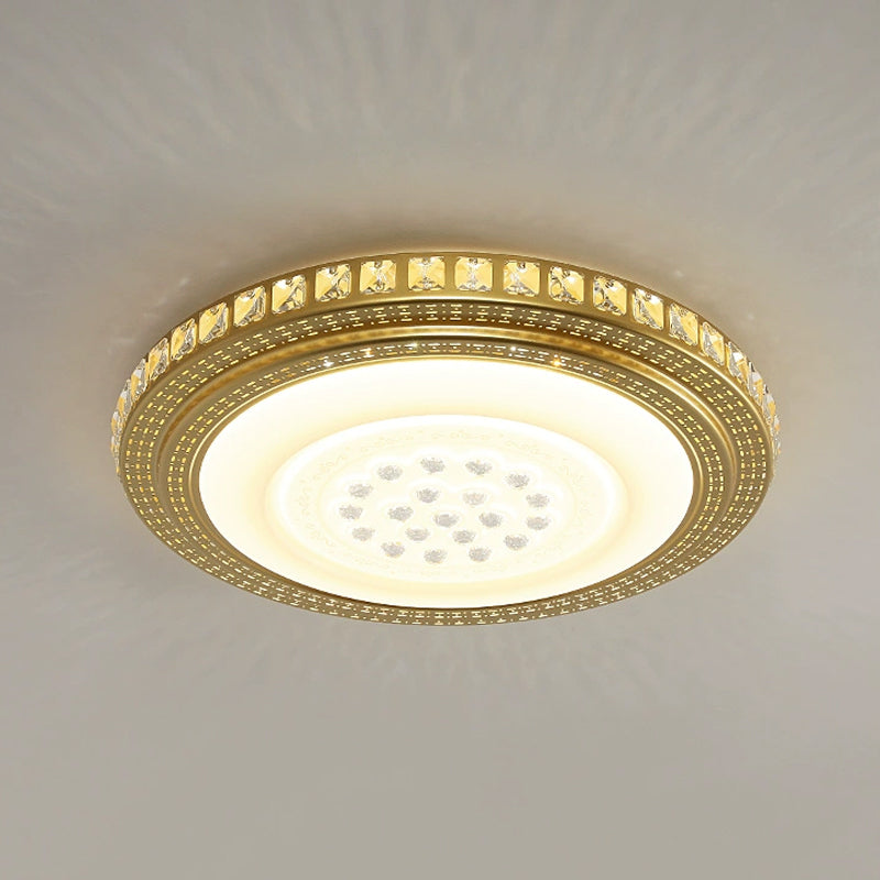 16"/19.5" W LED Parlor Ceiling Lighting Simplicity Gold Flush Mount Light with Round Faceted Crystal Shade Clearhalo 'Ceiling Lights' 'Close To Ceiling Lights' 'Close to ceiling' 'Flush mount' Lighting' 1907610