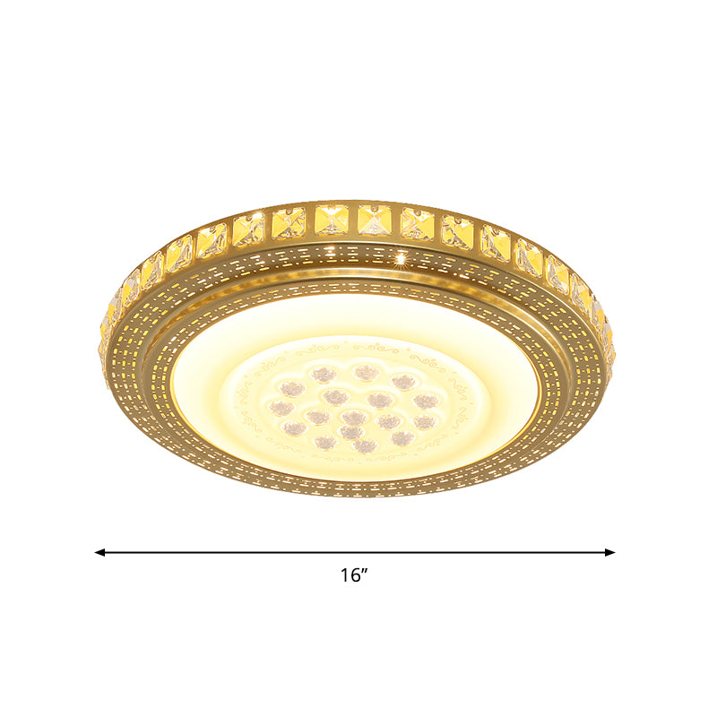 16"/19.5" W LED Parlor Ceiling Lighting Simplicity Gold Flush Mount Light with Round Faceted Crystal Shade Clearhalo 'Ceiling Lights' 'Close To Ceiling Lights' 'Close to ceiling' 'Flush mount' Lighting' 1907611