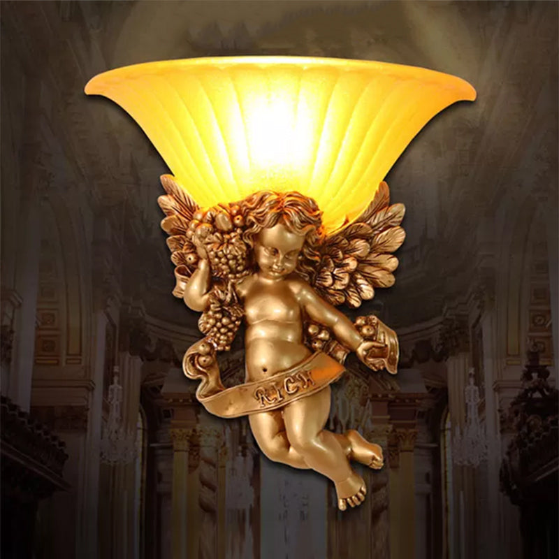 1-Light Surface Wall Sconce Rural Bedroom Resin Angel Wall Lamp with Half-Bell Frosted Glass Shade in Gold Gold A Clearhalo 'Wall Lamps & Sconces' 'Wall Lights' Lighting' 1907707