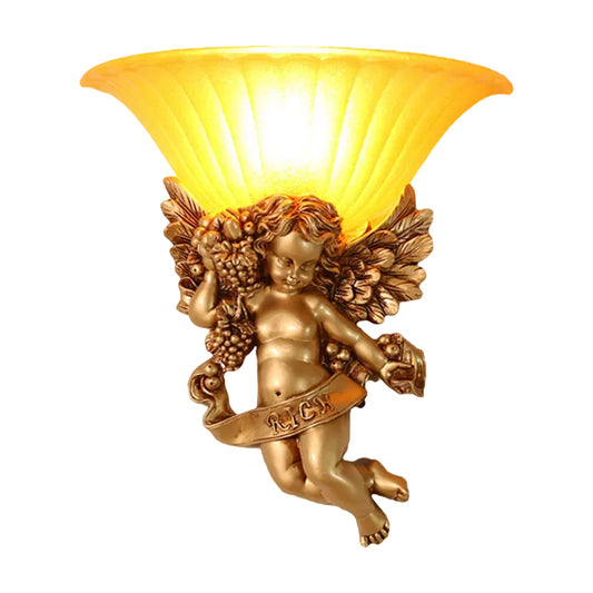 1-Light Surface Wall Sconce Rural Bedroom Resin Angel Wall Lamp with Half-Bell Frosted Glass Shade in Gold Clearhalo 'Wall Lamps & Sconces' 'Wall Lights' Lighting' 1907708