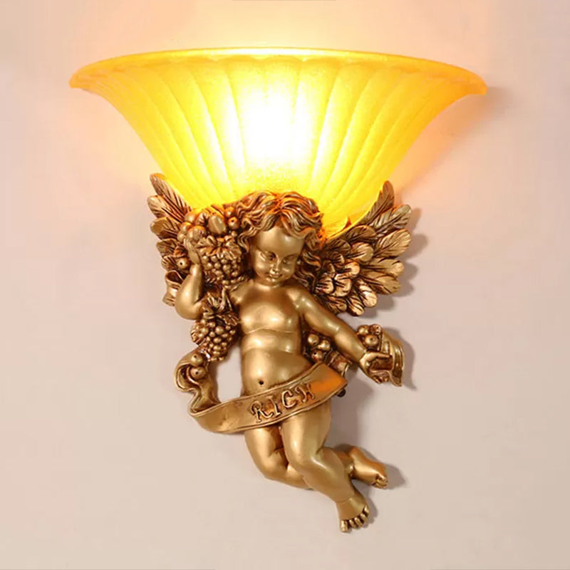 1-Light Surface Wall Sconce Rural Bedroom Resin Angel Wall Lamp with Half-Bell Frosted Glass Shade in Gold Clearhalo 'Wall Lamps & Sconces' 'Wall Lights' Lighting' 1907709