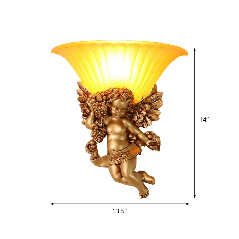 1-Light Surface Wall Sconce Rural Bedroom Resin Angel Wall Lamp with Half-Bell Frosted Glass Shade in Gold Clearhalo 'Wall Lamps & Sconces' 'Wall Lights' Lighting' 1907710